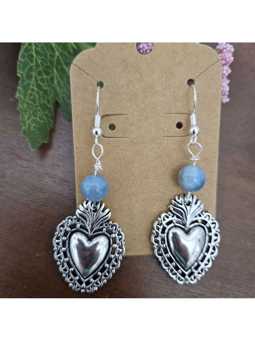 Sacred Heart Blue Agate Silver Plated Dangle Earrings